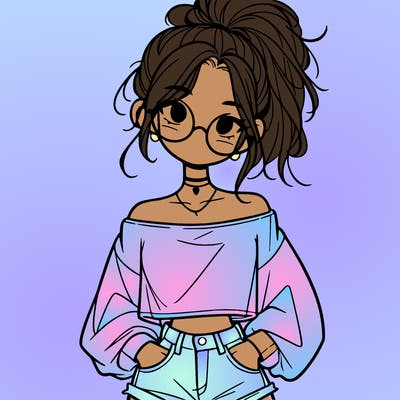 girl with a messy ponytail glasses a baggy crop top and jean shorts