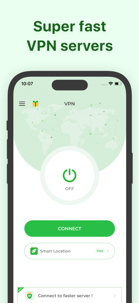 App VPN - Super Fast Unlimited - iPhone 화면에서 연결 버튼과 서버 선택을 보여주는 App VPN의 메인 인터페이스