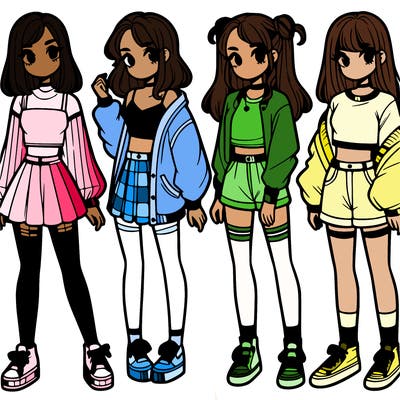 one girl with crop-top shirt and a jacket with a skirt, long socks and another girl with a shirt and pants with a jacket