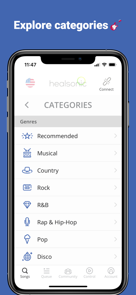 Healsonic karaoke app screen showing a list of music genre categories including rock pop and hip hop