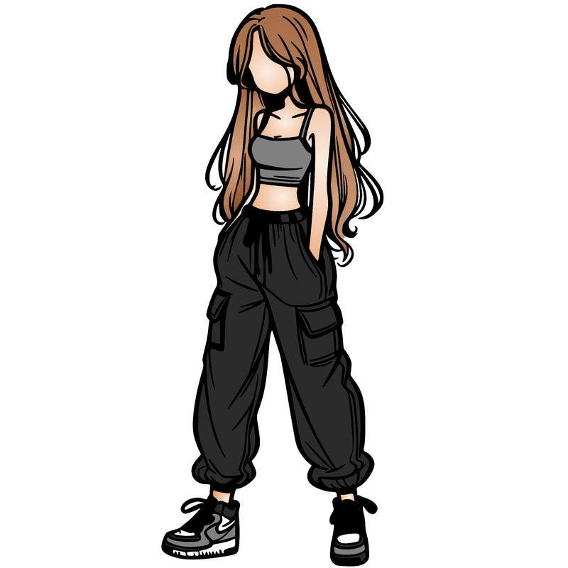 girl in baggy pants crop top and long hair
