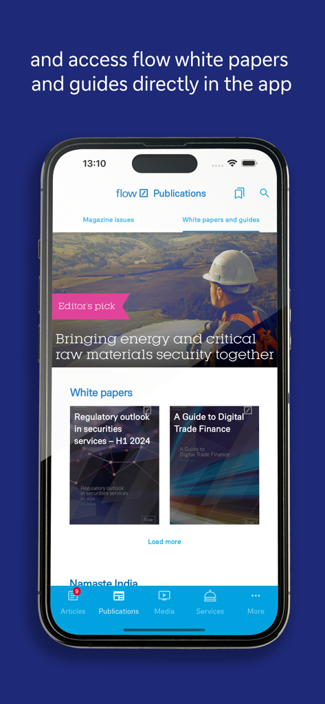 The flow app Publications screen showing white papers and guides from Deutsche Bank.