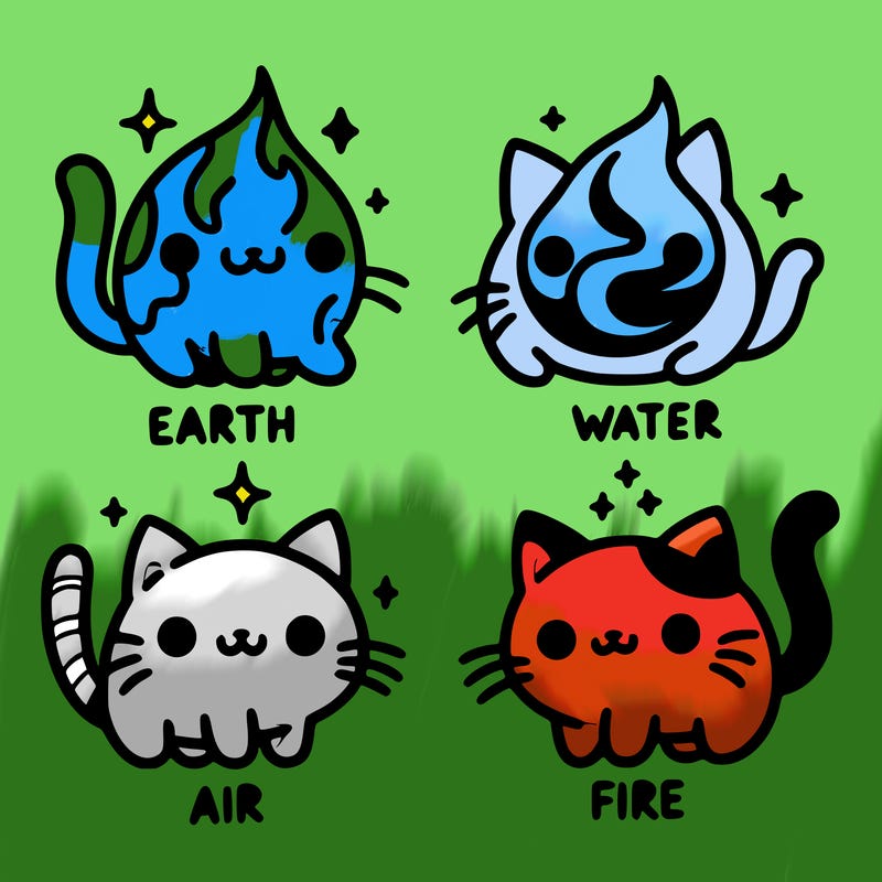 4 cats that represent the different elements, earth, water, air, and fire