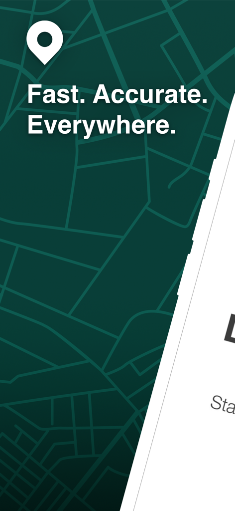 Écran d'accueil de l'application LandGlide présentant une grille cartographique des limites de propriété et le slogan « Rapide, précis, partout ».