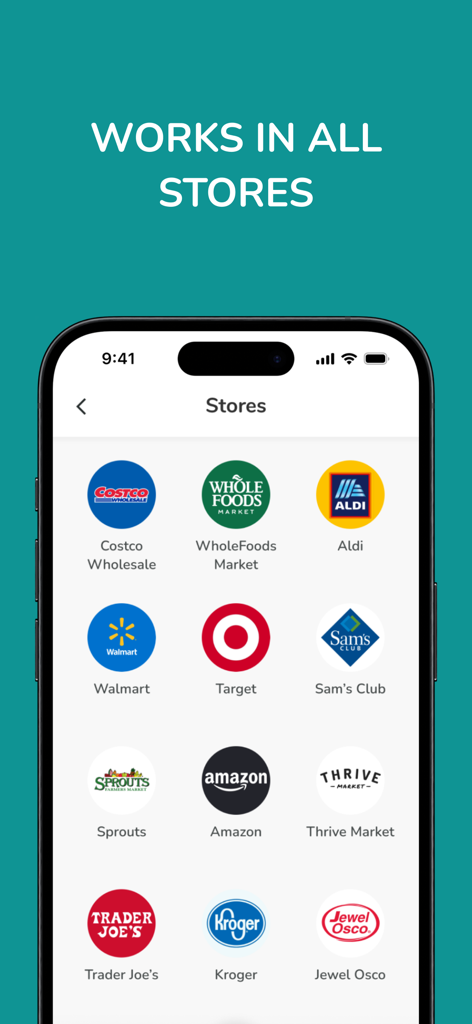 Bobby Approved app screen listing supported grocery stores like Costco and Whole Foods