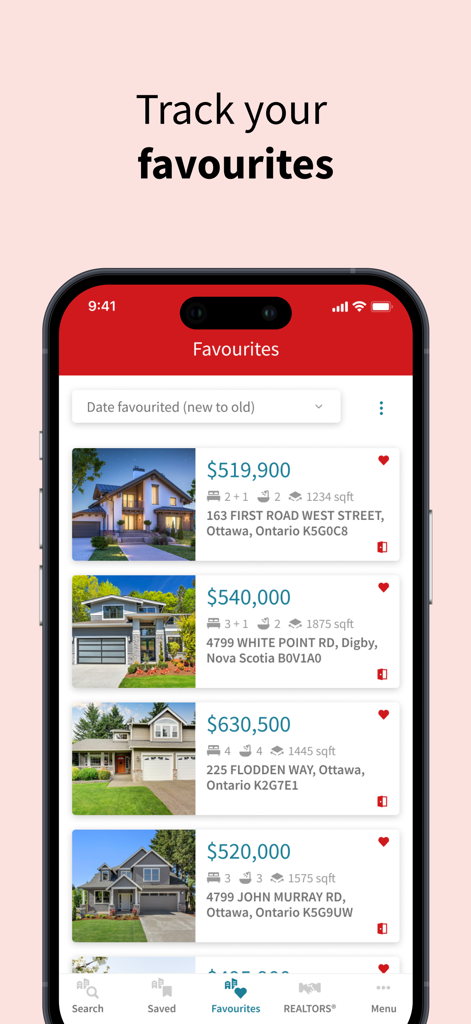 REALTOR.ca mobile app favorites screen displaying a list of saved property listings with prices and details