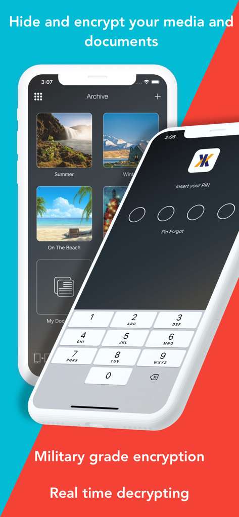 Secret photos - KYMS - Secret photos KYMS app interface showing an encrypted photo gallery and a PIN entry screen for secure access.