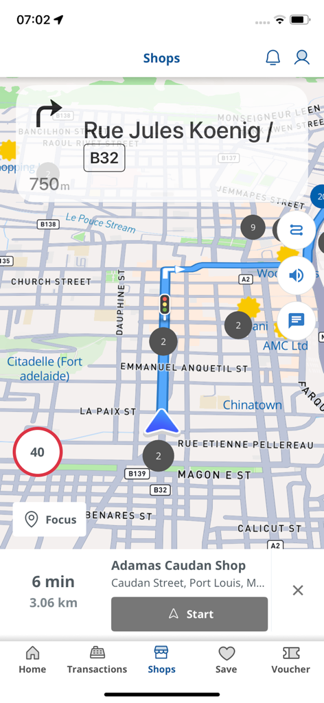 MCCI Tax Free Shopping - In-app map showing navigation to a tax-free registered shop in Mauritius