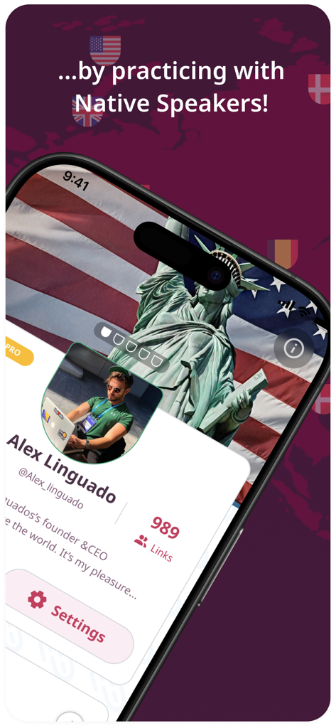Linguado - Linguado mobile app interface displaying a native speaker profile for language practice