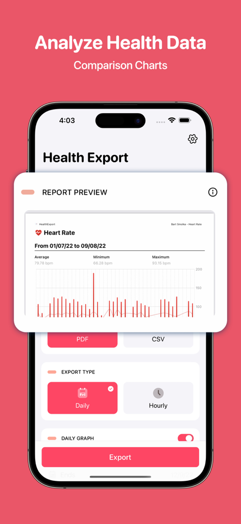 Mobile app interface showing a heart rate data report preview and export options for PDF and CSV.