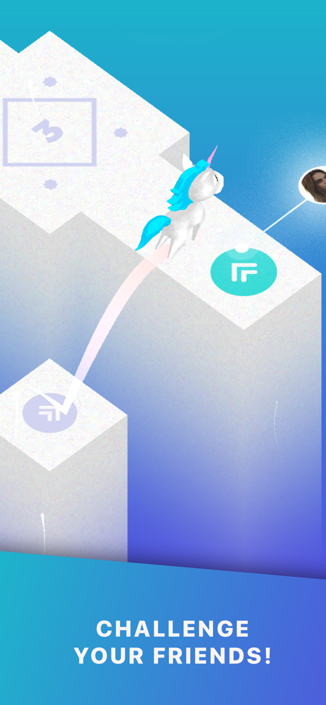 Tap Tap Beats music game - Un unicornio blanco y azul saltando sobre bloques en el juego de música Tap Tap Beats con un texto superpuesto que dice Desafía a tus amigos