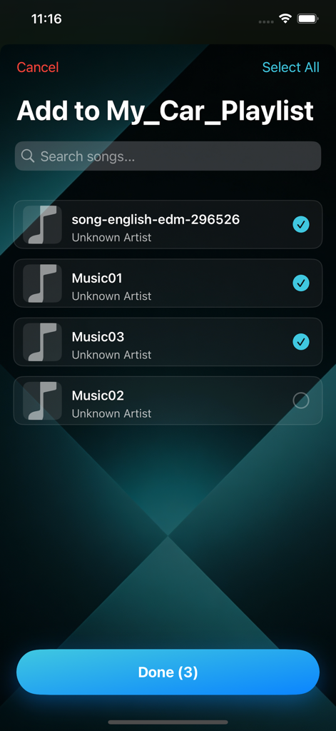 SnapTube - Video & Music - User interface of SnapTube showing a list of songs to add to a car playlist