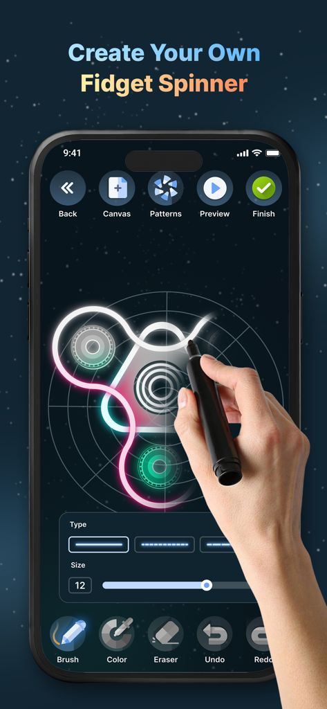 Finger Spinner: Neon Glow Art - Interfaccia per la creazione di un'app spinner fidget al neon personalizzata su un dispositivo mobile