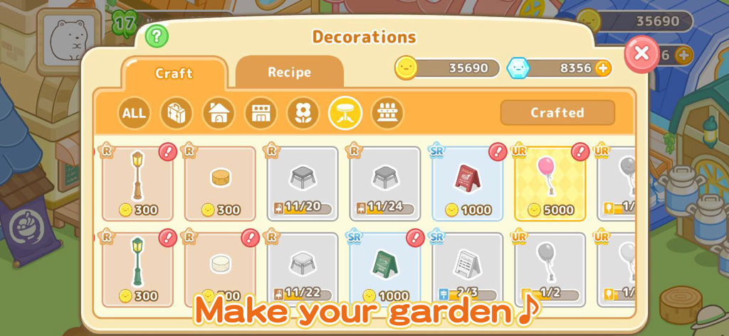 Sumikkogurashi Farm farm game - Menú dentro del juego para crear decoraciones de jardín en Granja Sumikkogurashi