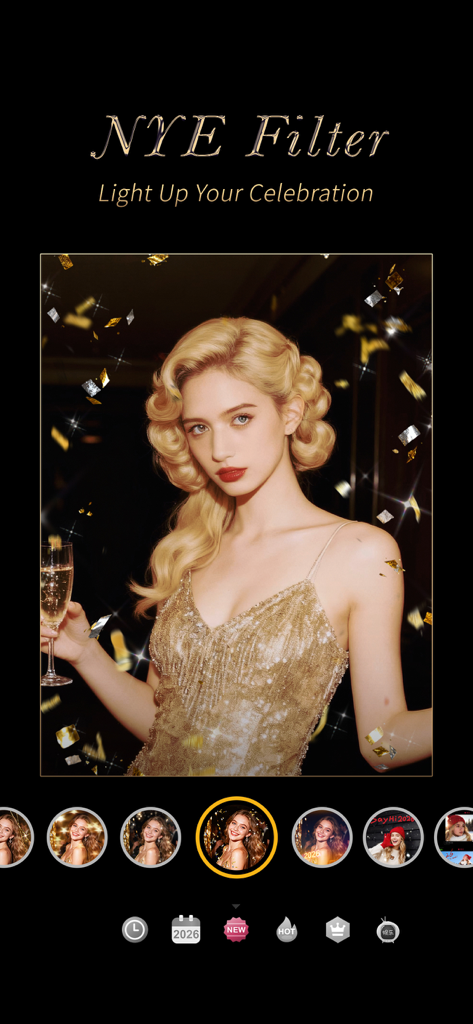 Une femme utilisant un filtre festif du Nouvel An dans Camera360 avec des confettis dorés et un look de célébration glamour.