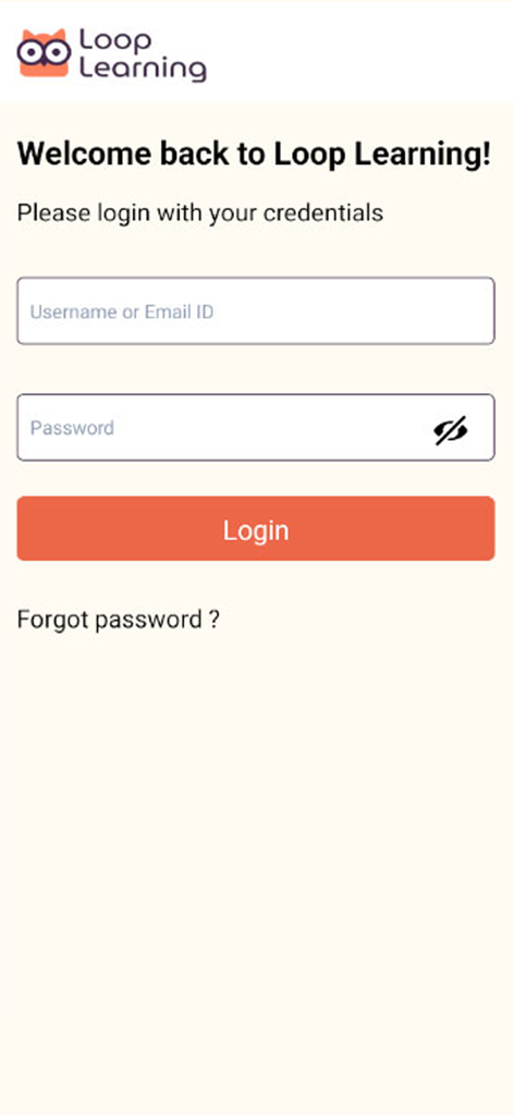 Loop Learning - Loop Learning app login screen with username and password fields