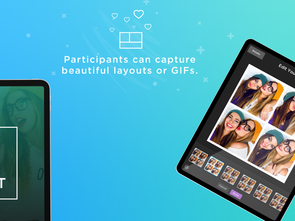 An iPad screen displaying the Simple Booth Classic interface for creating photo layouts and GIFs