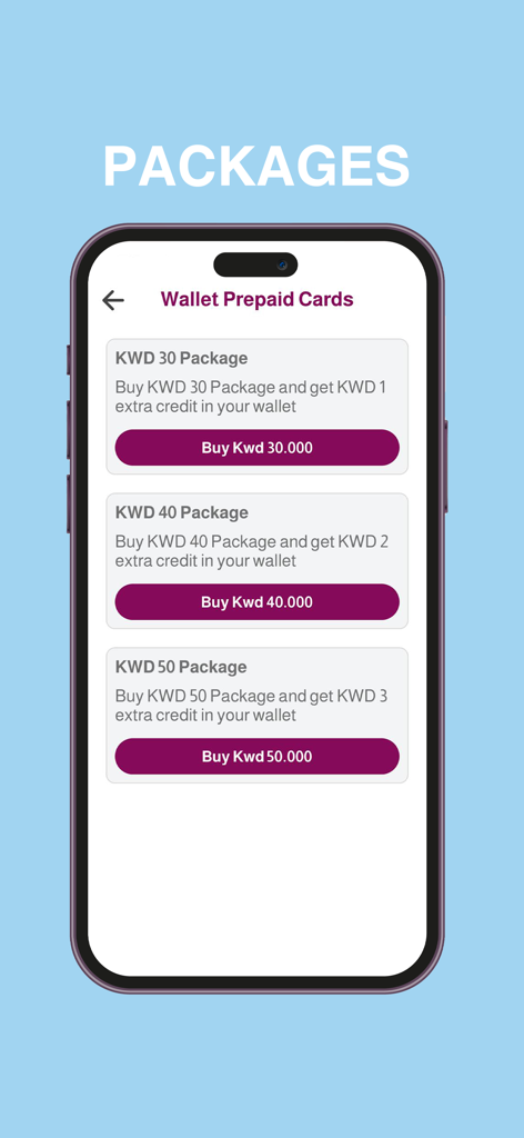 Screenshot of the Adhari Kuwait app showing various wallet prepaid card packages for credits