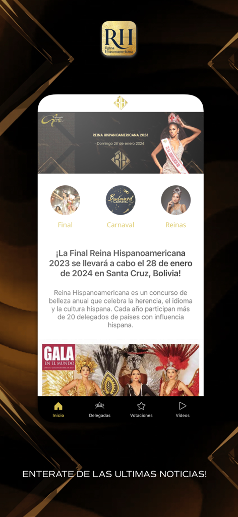 La pantalla de inicio de la app móvil Reina Hispanoamericana con noticias del certamen y categorías de eventos.