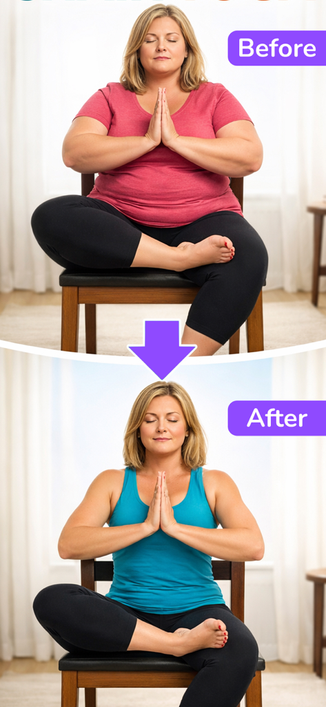 Transformación de antes y después de una mujer que practica yoga en silla