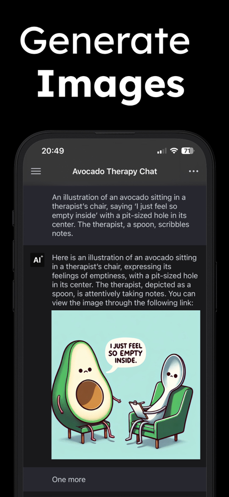 A screenshot of ChatPlus AI Chatbot showing a creative illustration of an avocado in therapy generated from a text prompt