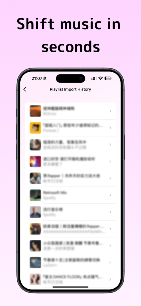 TuneMySong app interface showing the history of imported music playlists