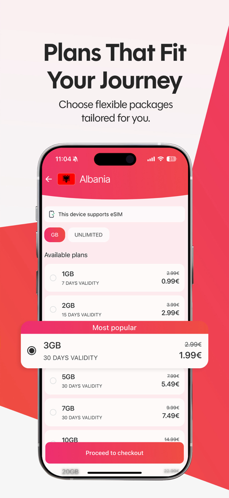 Gjirafa eSIM app interface showing various mobile data plans for Albania on a smartphone screen.