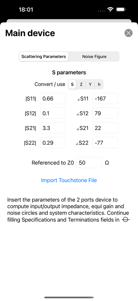 Smith Charts - Interface for entering scattering parameters and importing Touchstone files in the Smith Charts app
