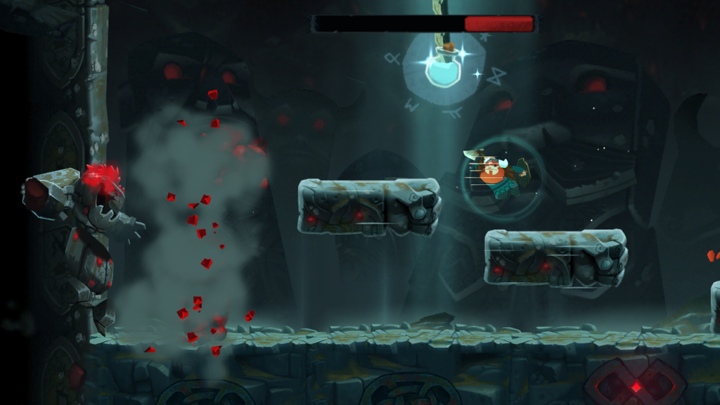 Oddmar - Oddmar the Viking jumping through a dark mine level with giant stone statues and hand-drawn platforms