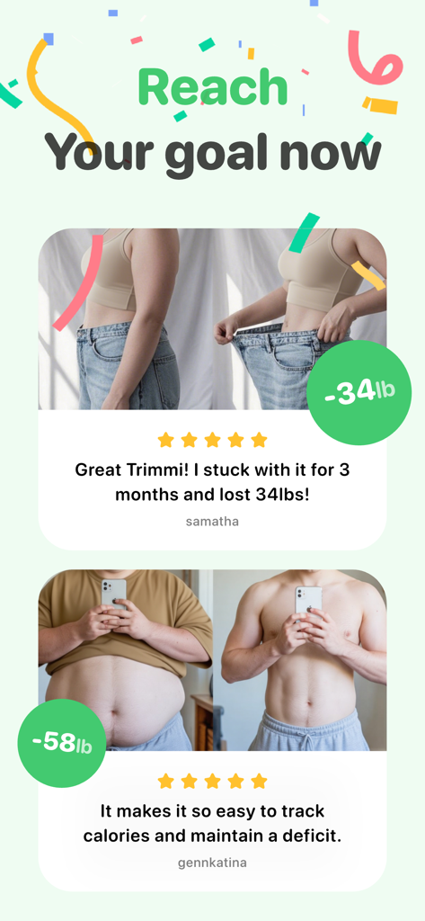 Calorie Counter AI: Food Cam - Foto di trasformazione di perdita di peso prima e dopo e testimonianze degli utenti per l'app Calorie Counter AI.