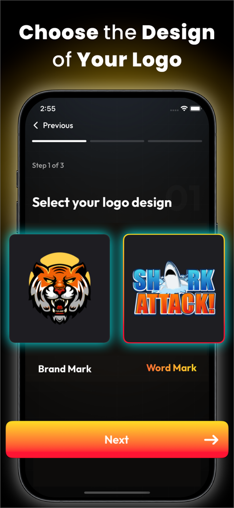Arvine AI Logo Maker & Creator - Arvine AI Logo Maker app interface showing options to choose between Brand Mark and Word Mark logo designs.