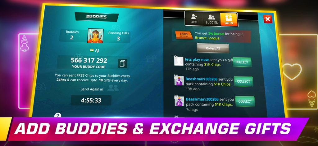 Interfaz para agregar amigos e intercambiar fichas de regalo en Teen Patti Royale