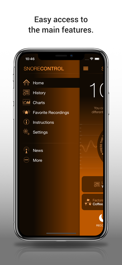 Snore Control app screenshot showing the main navigation menu with options for history, charts, and sleep recordings.