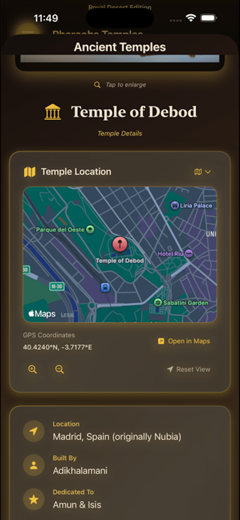 Egyptian-Hieroglyph-AI-Scanner - Map view and historical details of the Temple of Debod on a mobile app screen