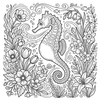 Celebrate the freshness of spring with this beautiful Big-Belly Seahorse coloring page. Discover a delightful underwater scene brimming with blooming flowers and intricate aquatic details, ready for your artistic touch.