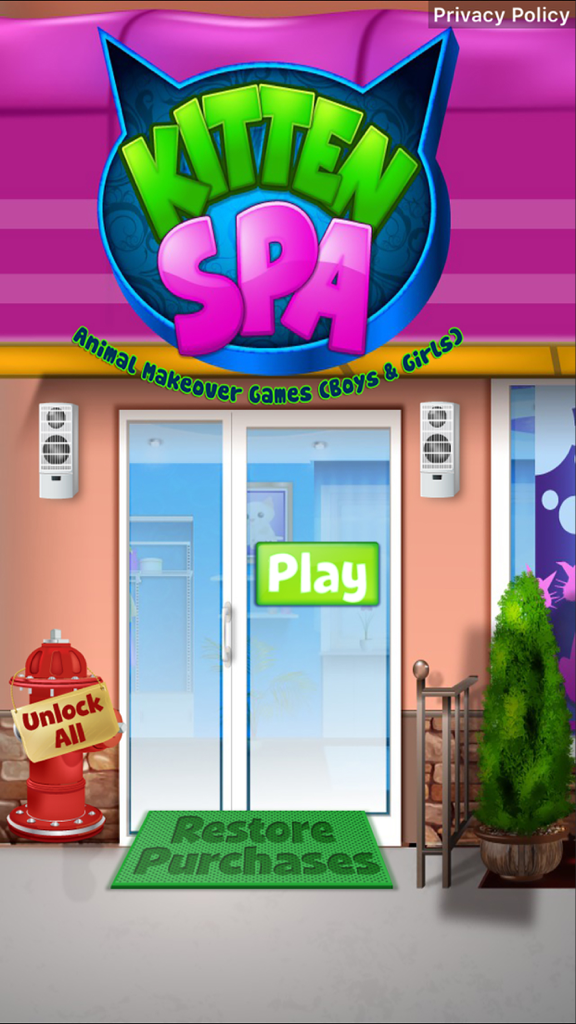 Kitten Spa - Animal Makeover Games (Boys & Girls) - Main menu screen of the Kitten Spa animal makeover game featuring the play button and spa entrance