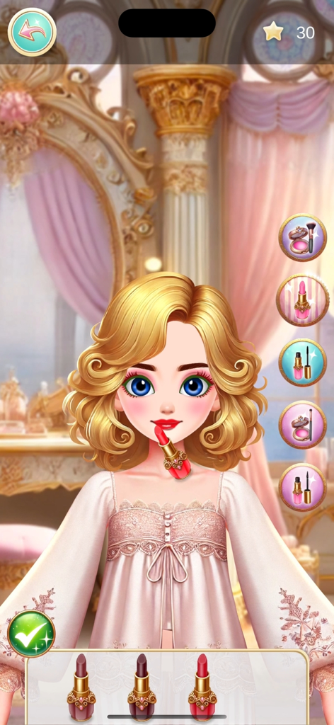 Princess- Make Over - Un personaje de princesa rubia recibiendo lápiz labial rojo aplicado en un juego de salón de maquillaje digital.