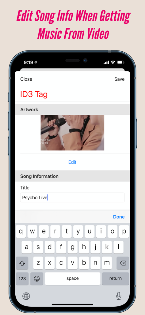 iPhoneのMusicToRingtoneアプリで曲のタイトルとアートワークを編集しています。