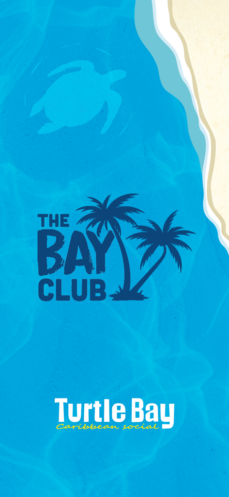 Turtle Bay app splash screen with The Bay Club logo and a Caribbean blue water background
