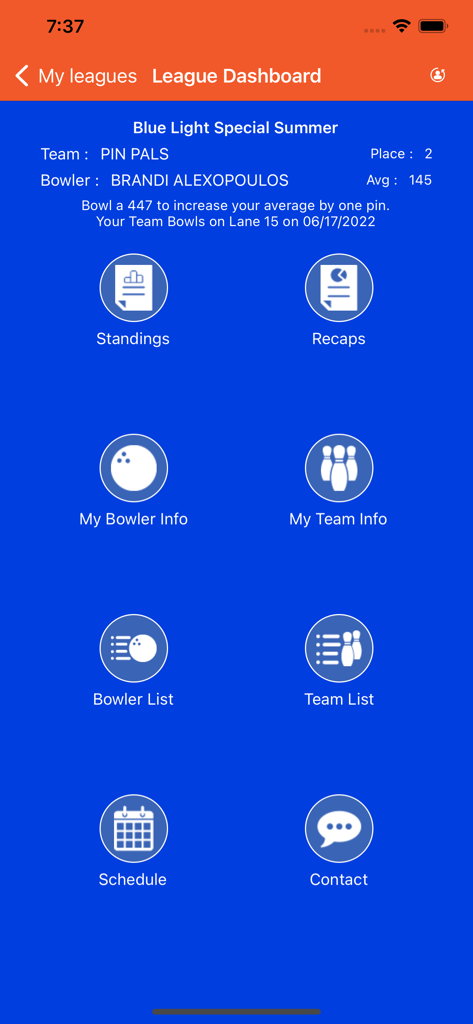 League Secretary - Bowling league dashboard in the League Secretary app featuring standings and team stats.