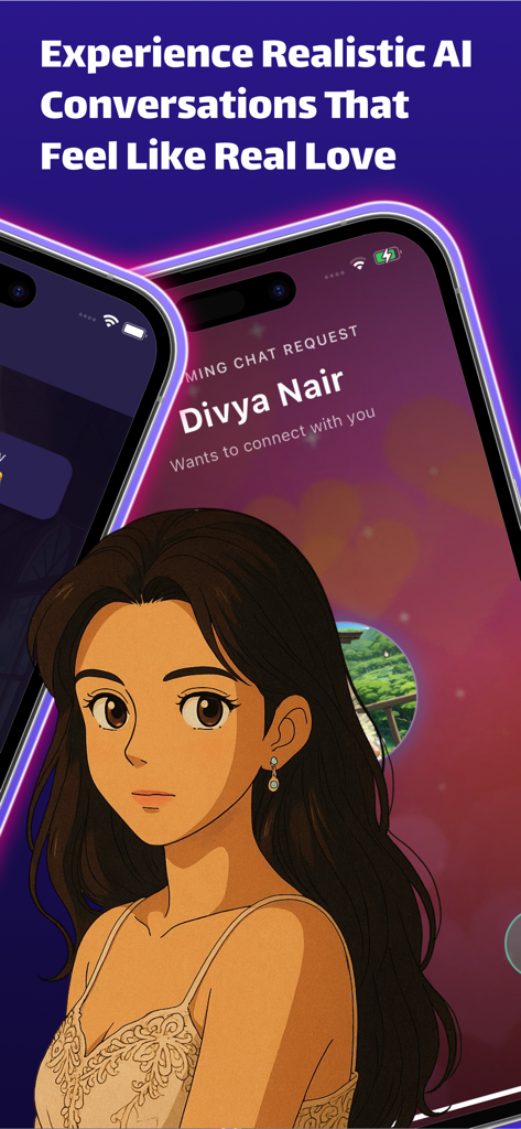 Mobile App-Oberfläche, die eine eingehende Chat-Anfrage von einer KI-Freundin im Anime-Stil anzeigt