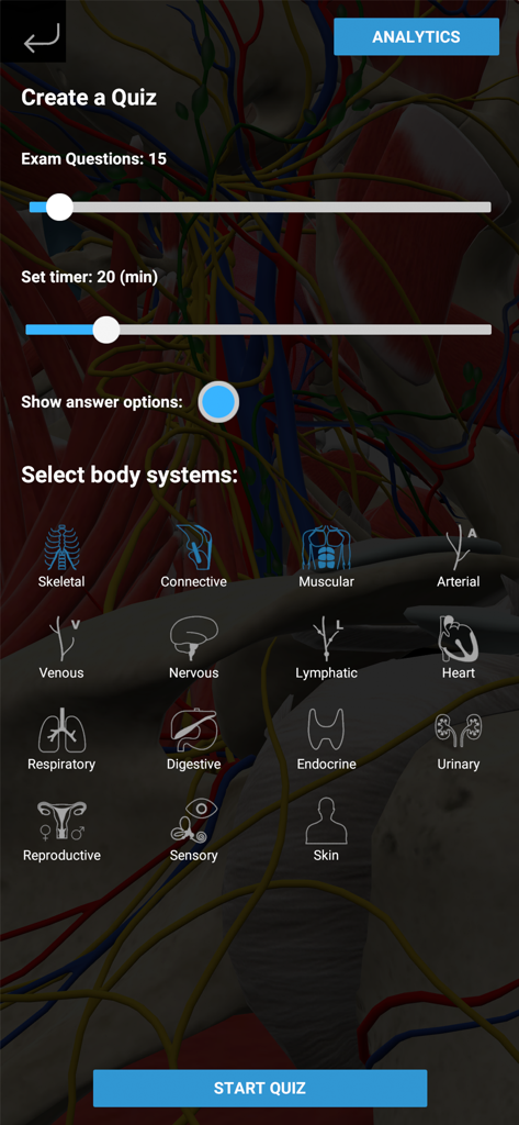 3D Organon - The quiz creation screen in 3D Organon showing options for exam questions and body systems