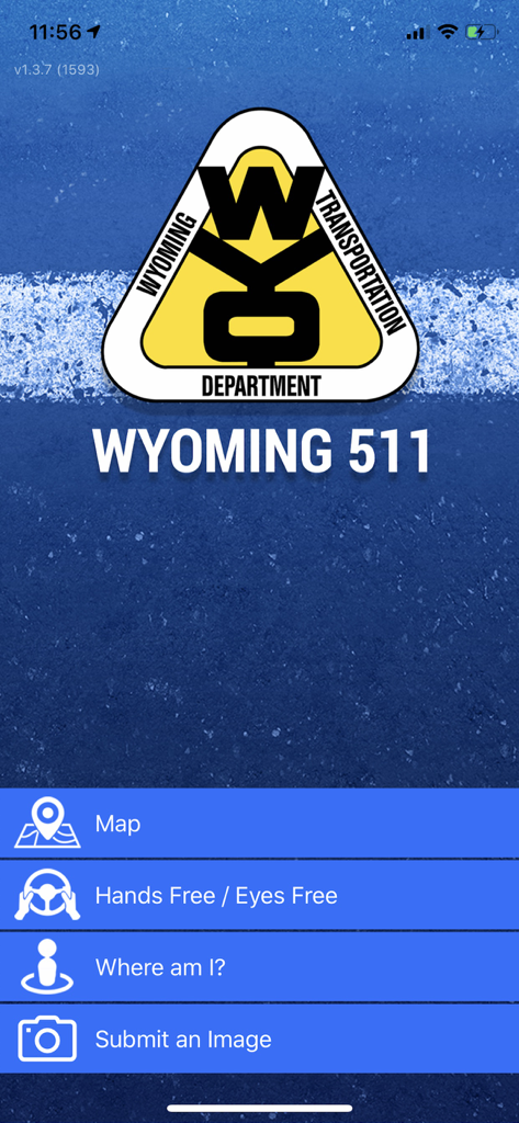 Wyoming 511 app home screen showing the WYDOT logo and menu options for map and safety features