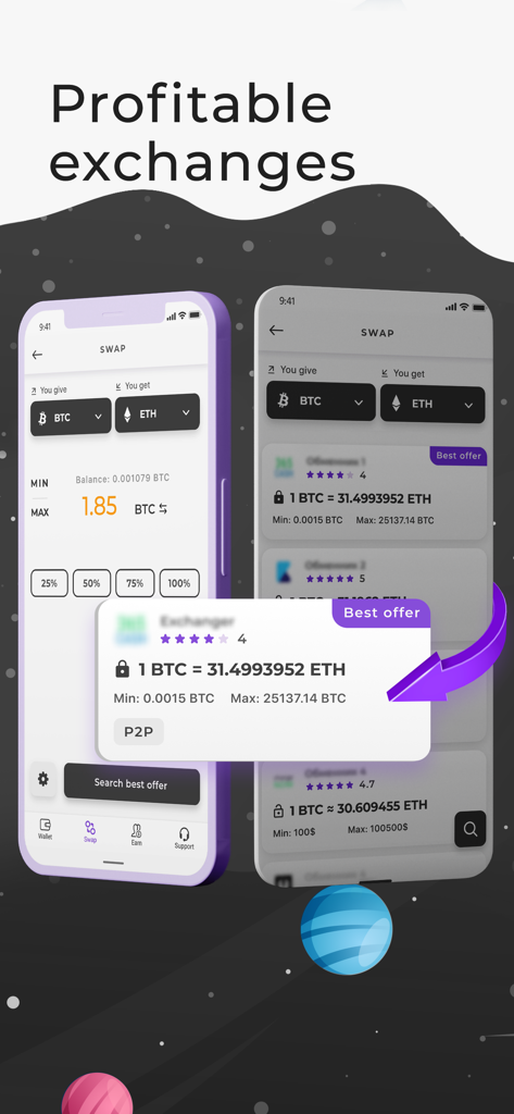 Trustee Wallet bitcoin wallet - Trustee Wallet mobile interface showing a profitable crypto swap between Bitcoin and Ethereum with the best exchange offer highlighted.
