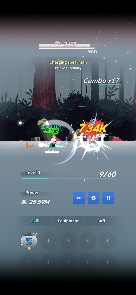Tactical auto battle gameplay in The Legend of Tartar showing a character leveling up during a monster fight