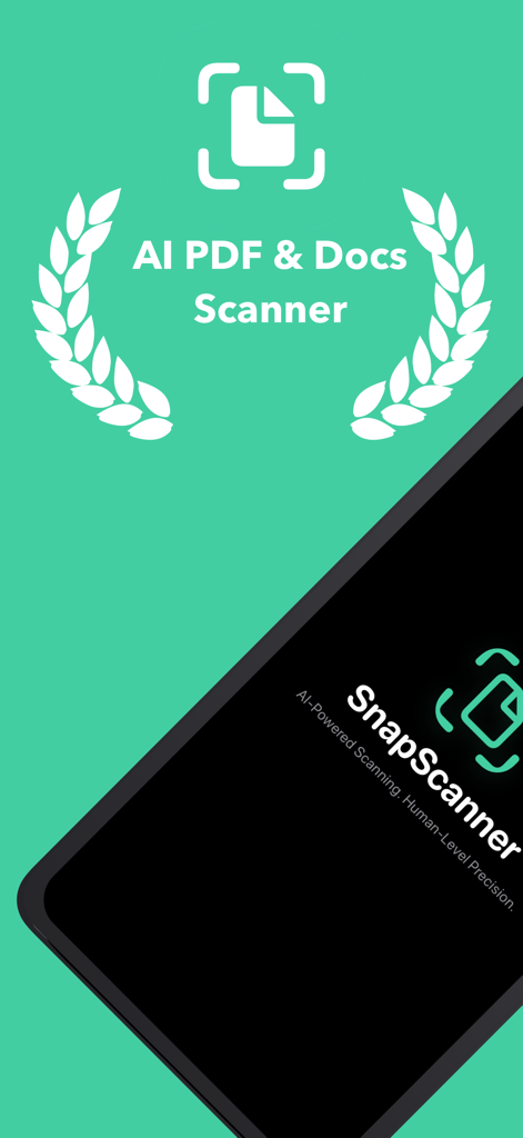 SnapScanner+ PDF, Docs & Cards - AI 기반 문서 및 PDF 스캐닝을 강조하는 SnapScanner 앱 홍보 화면, 인간 수준의 정밀도