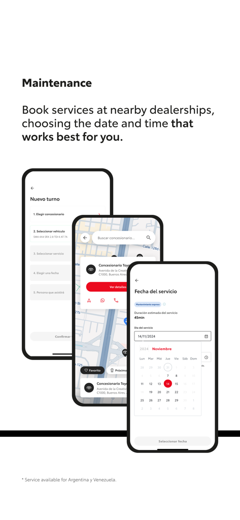 Toyota LATAM - Mobile app screens for booking Toyota vehicle maintenance including dealership selection and calendar scheduling