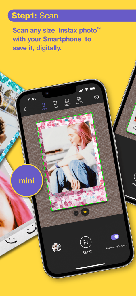 L'interface de l'application instax UP numérisant une photo instax mini physique pour l'enregistrer numériquement