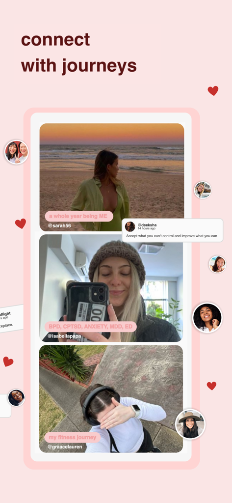 A social feed in the HerHelp app where women share their personal mental health and fitness journeys