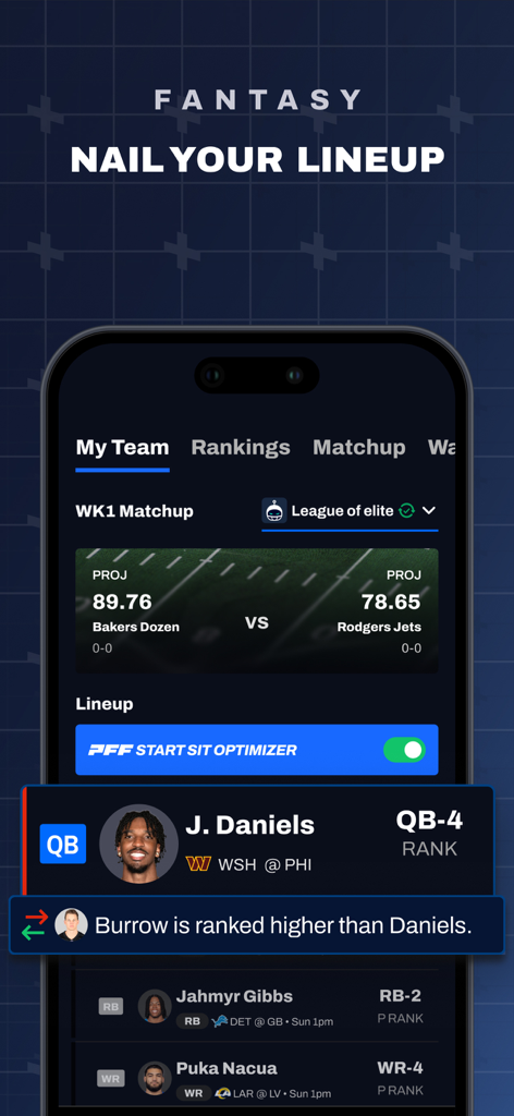 PFF: Betting & Fantasy Tools - PFF app fantasy football interface showing the start sit optimizer and player matchup projections
